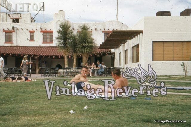 Picture of guys sunbathing in the 1950s at a hotel