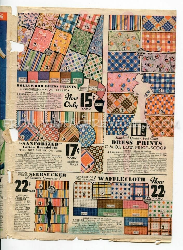 1930s Sewing notions, fabrics, laces, silks, and the last page of the Chicago Mail Order Company 1935 Catalog (summer)