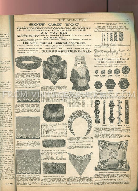 Victorian Advertisements: Dress Trimmings, Fur Coats, Beads, Stamps, New Mother Instructions, and More