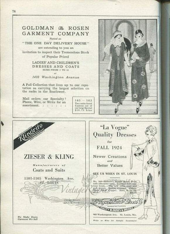 1920s Dresses, Millinery, Coat, and Textile Ads