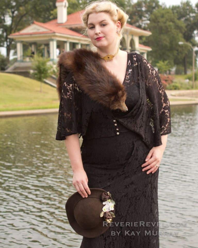 model in a black lace dress