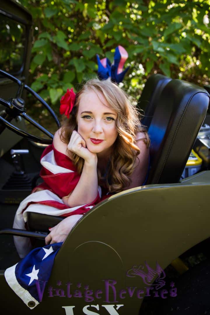 Patriotic Pinup with an American Flag and Willys Jeep