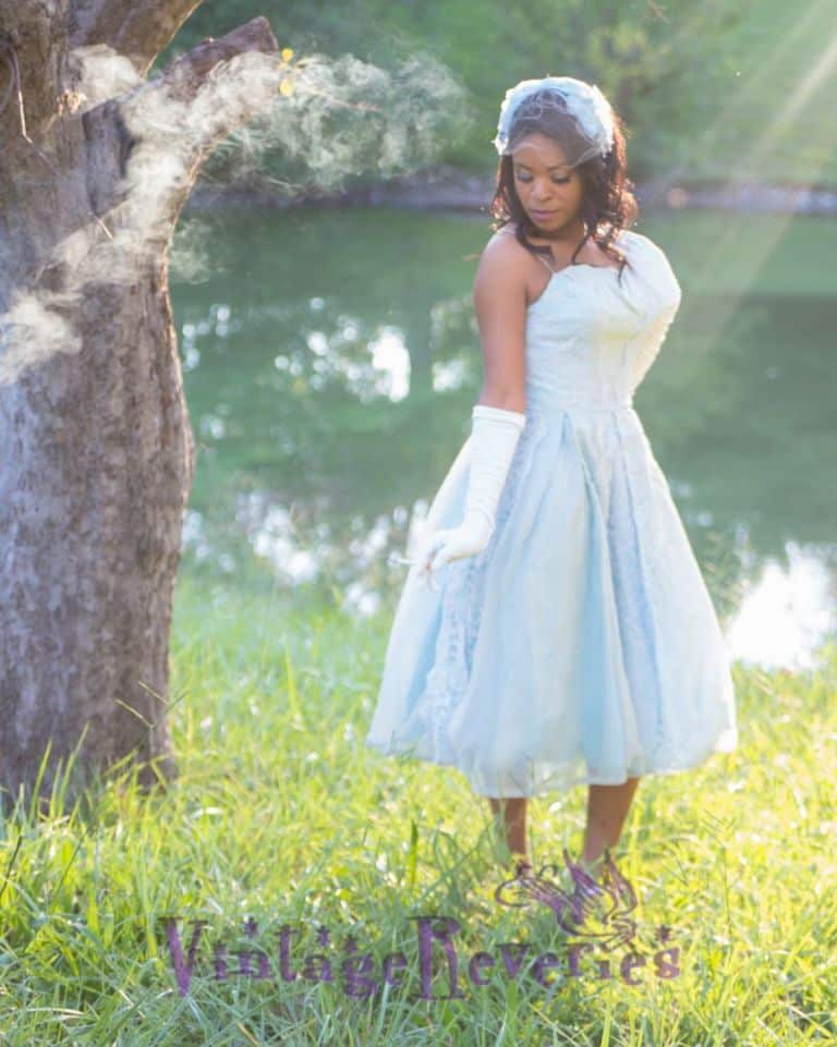 Smoking in A Blue vintage semiformal dress