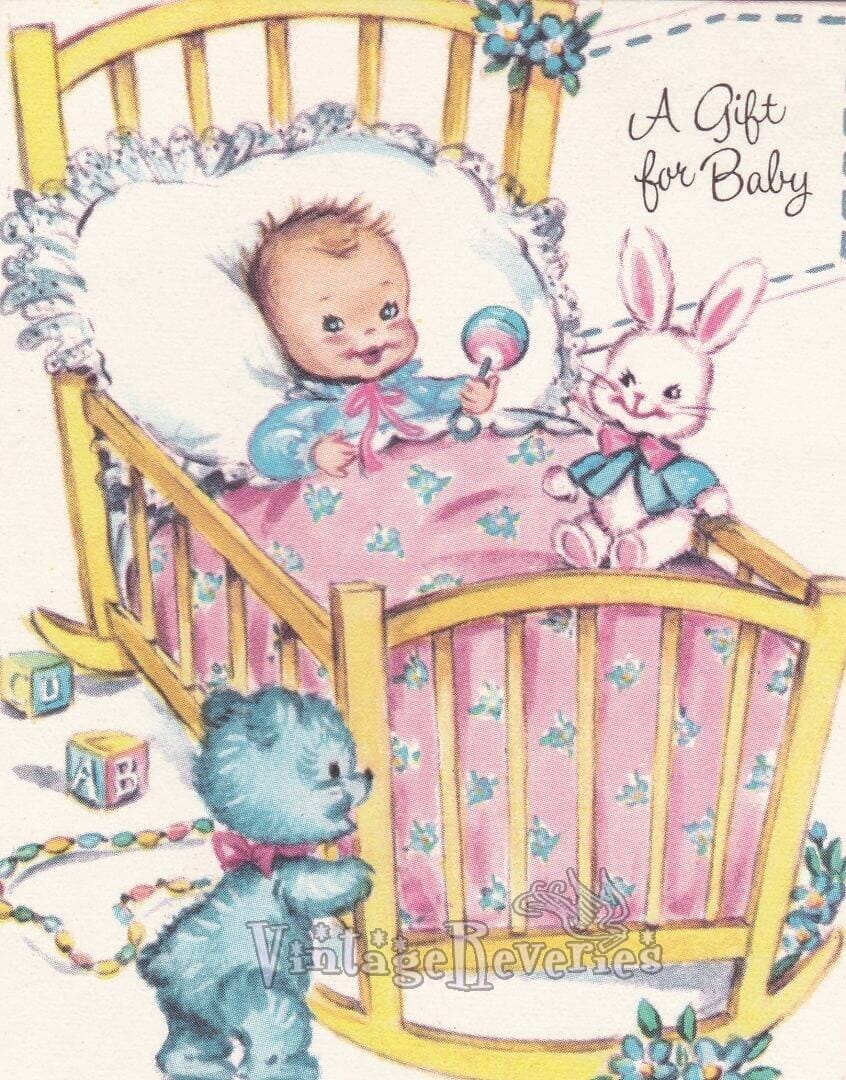 happy baby in a rocking bassinet illustration