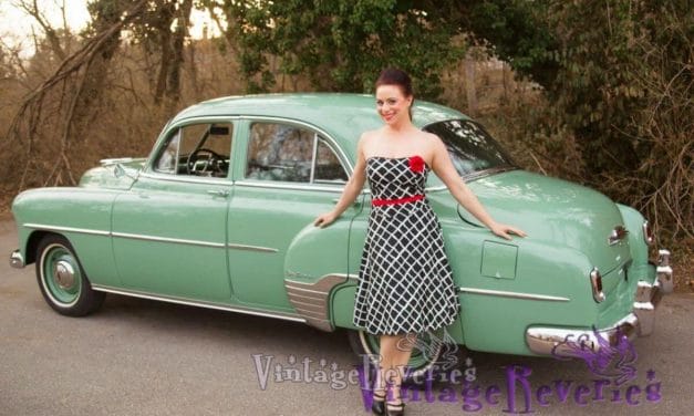 Pinup pics of June Ann with 2 vintage cars, a black Bel Aire and a green Chevrolet