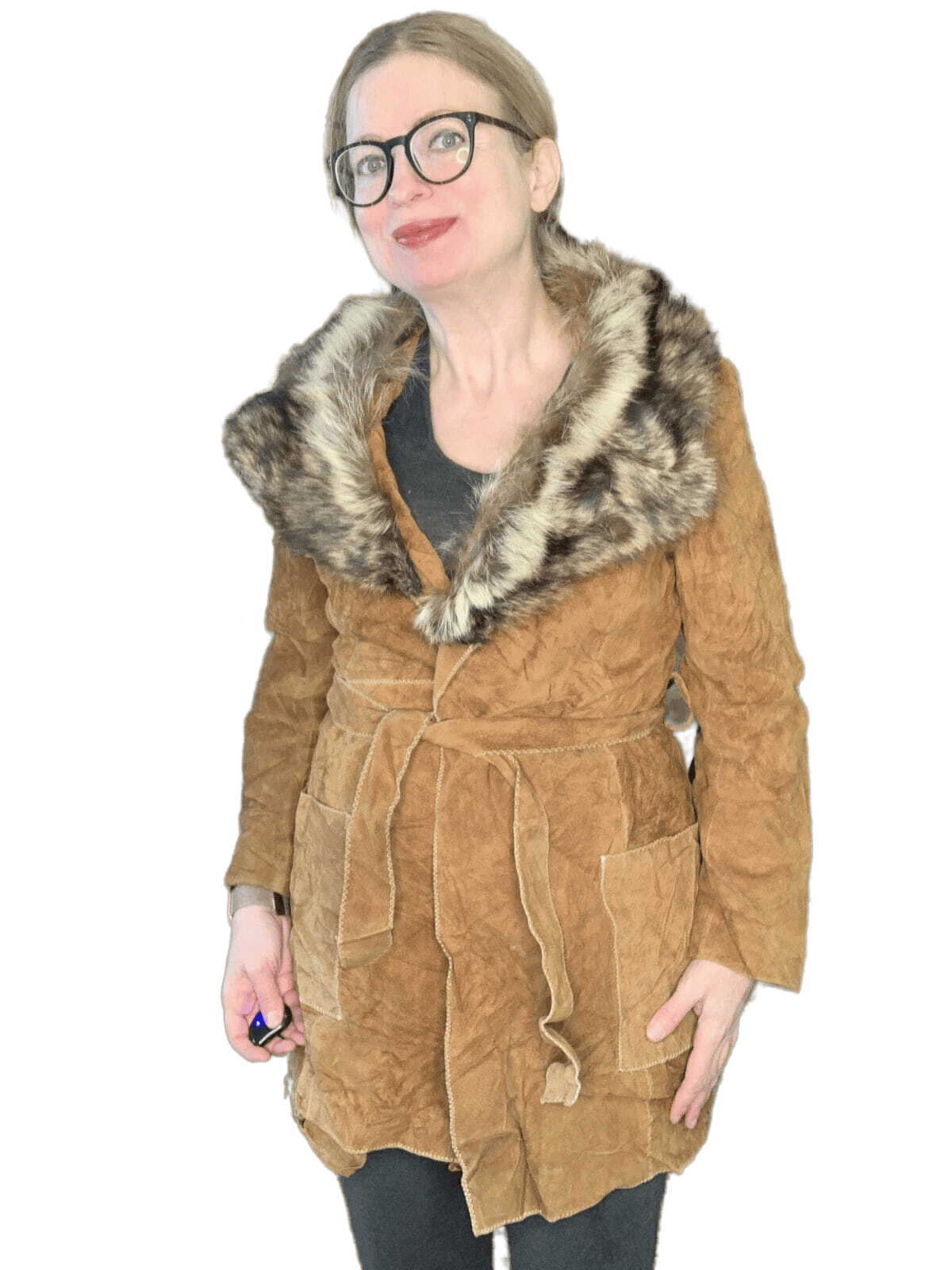 Vintage suede jacket with real raccoon fur collar