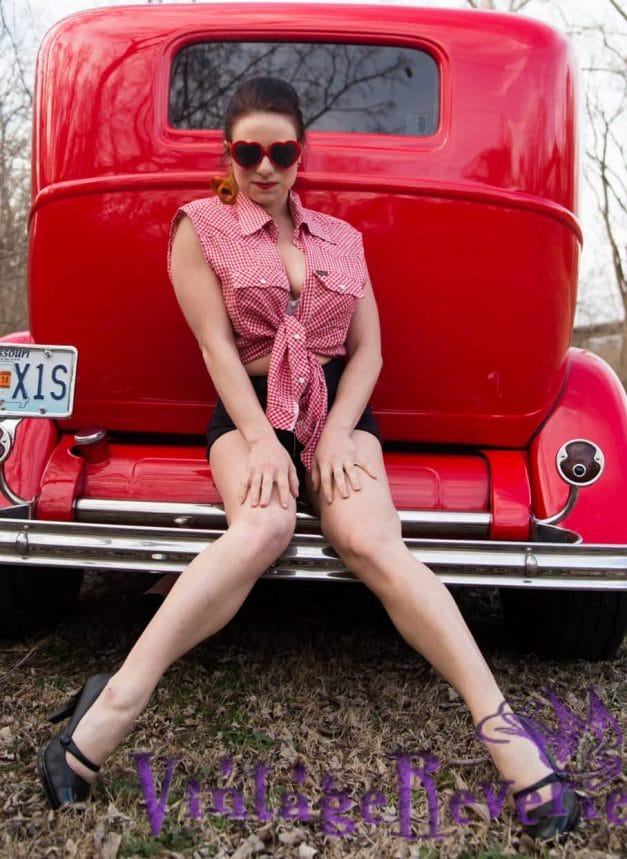 red gingham pinup red car