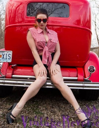 red gingham pinup red car